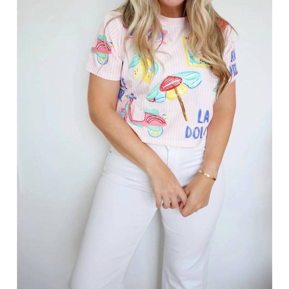 NEW BELLE CHER la dolce vita striped sequin top in italian vacation style